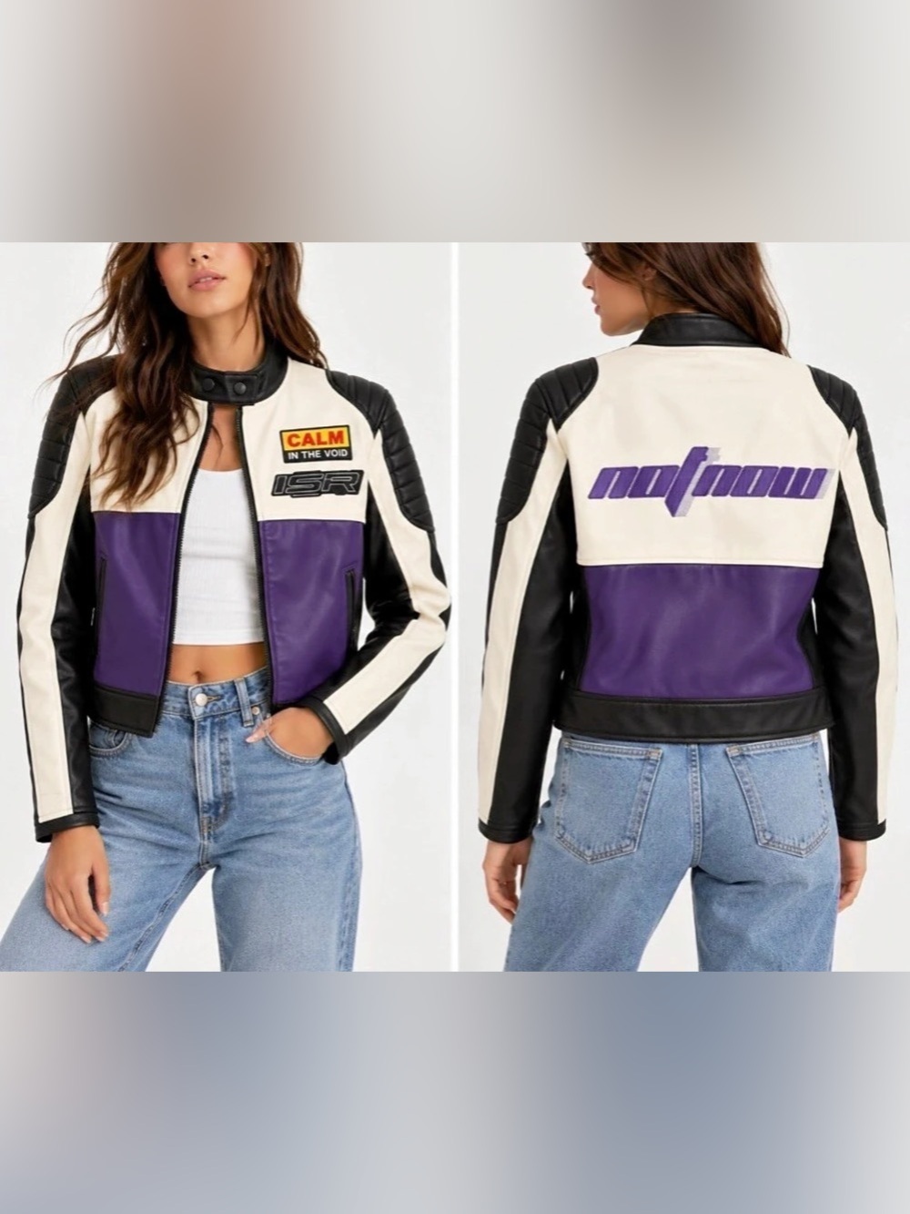 Bershka Faux Leather Racing Colour Block Moto Jacket Purple Y2K Size Medium M - Picture 3 of 17